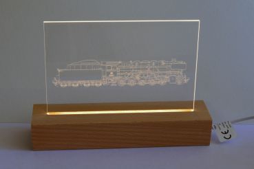 Acrylglas-Leuchte „Ottberger 44er Dampflok“ mit LED-Holzsockel (CE-zertifiziert)