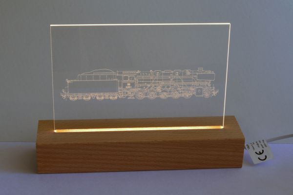 Acrylglas-Leuchte „Ottberger 44er Dampflok“ mit LED-Holzsockel (CE-zertifiziert)